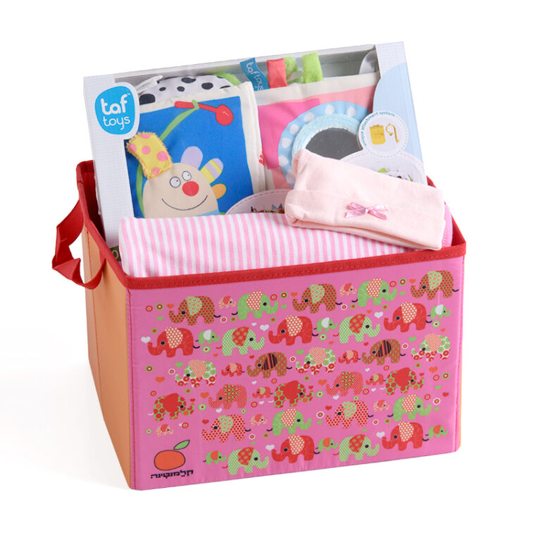 מתנה ליולדת בת הכוללת חבילת לידה מרגשת ובה שמיכה, ספר בד וכובע בקופסת צעצועים
