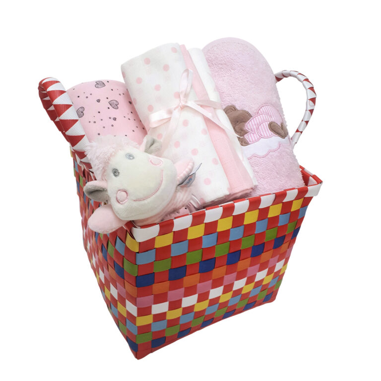 מתנה ליולדת בת הכוללת שמיכה, קפוצ'ון מגבת, שלישיית חיתולי טטרה ורעשן טבעת בסל צבעוני קלוע
