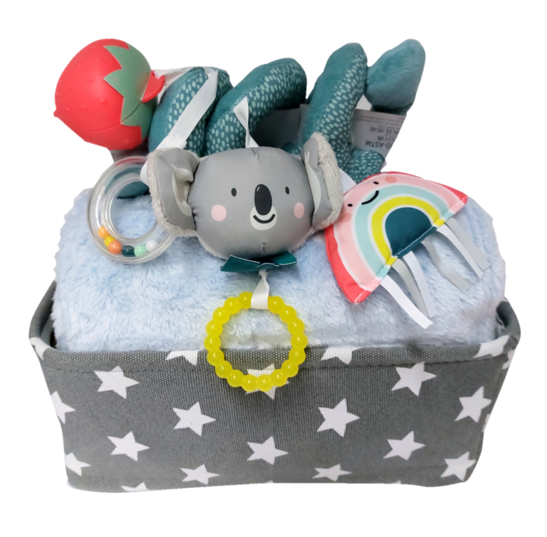 מתנה ליולדת בן:  קופסת צעצועים, שמיכה רכה לתינוק, בובת קואלה משגעת לסלקל או עגלה בשילוב קופסת תות