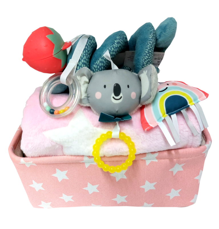 מתנה ליולדת בת -  קופסת צעצועים, שמיכה רכה לתינוקת, בובת קואלה משגעת לסלקל או לעגלה בשילוב קופסת תות